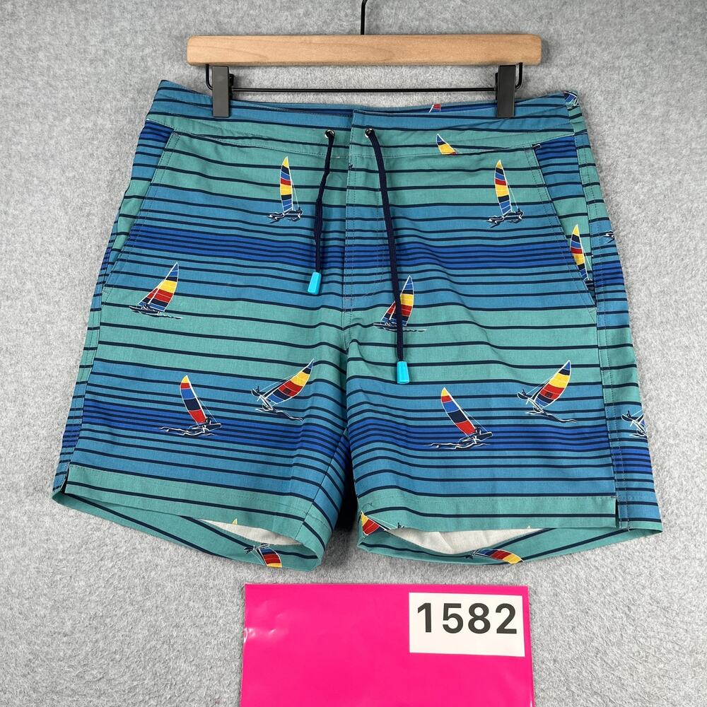 Tori Richard Swim Trunks Mens 32 Lined Blue Striped Sail Boat Print Zip Beach
